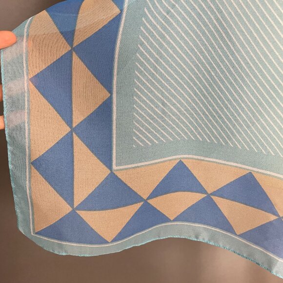 Vintage Chiffon Scarf Square Stripes Triangle Border  Semi-Sheer 27 x 27 Blue - Picture 3 of 6